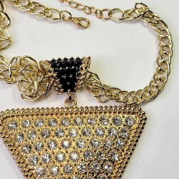 Gold and Crystal Triangular Pendant Bib Choker Necklace - Picture 7 of 13